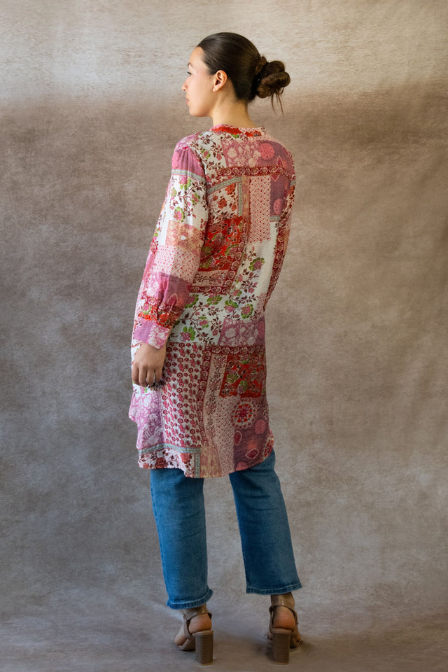 Lara Robe Tunique Bohème Imprimé Patchwork Manches Longues
