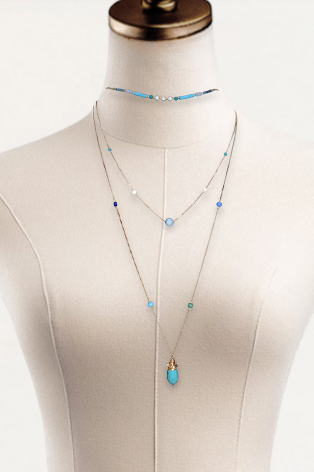 Layered Beaded Necklace with Turquoise Drop Pendant – 3-Strand Gold Necklace