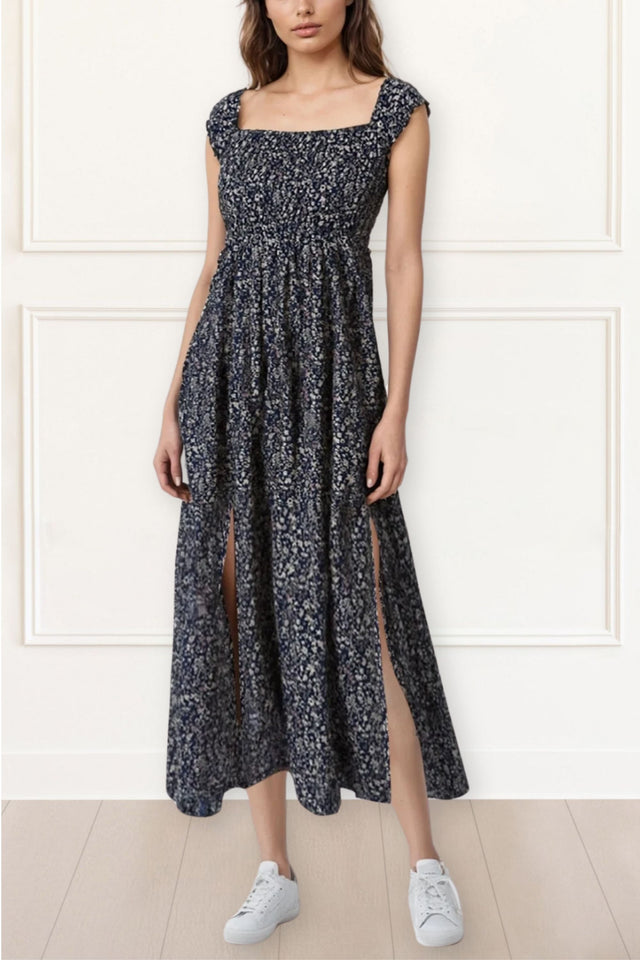 Lilou Robe Longue À Fleurs Double Fentes Épaules Dénudées Possible