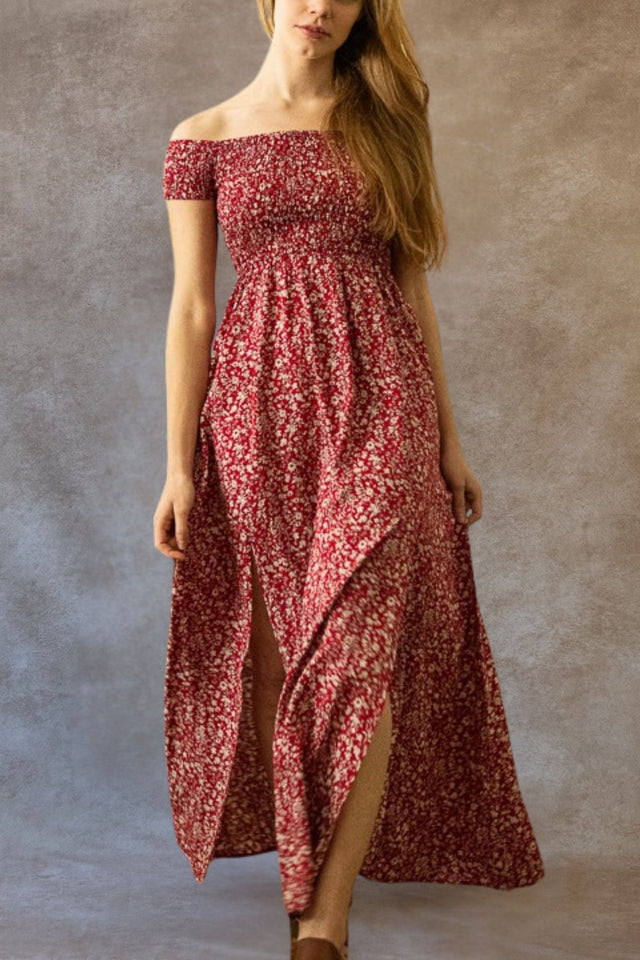 Lilou Robe Longue À Fleurs Double Fentes Épaules Dénudées Possible