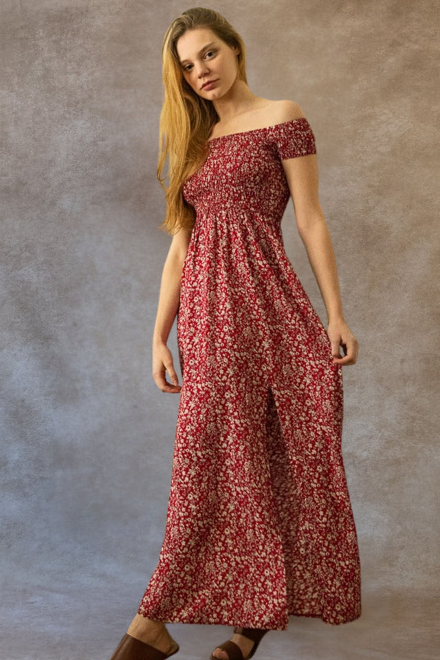 Lilou Robe Longue À Fleurs Double Fentes Épaules Dénudées Possible