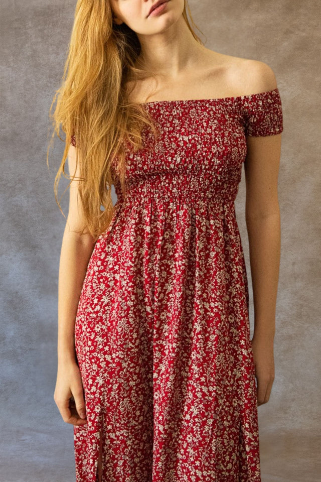 Lilou Robe Longue À Fleurs Double Fentes Épaules Dénudées Possible