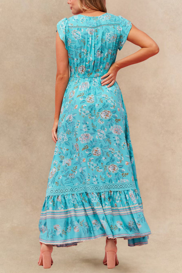 PRÉVENTE | Robe maxi Lizette imprimé floral turquoise boutonnée