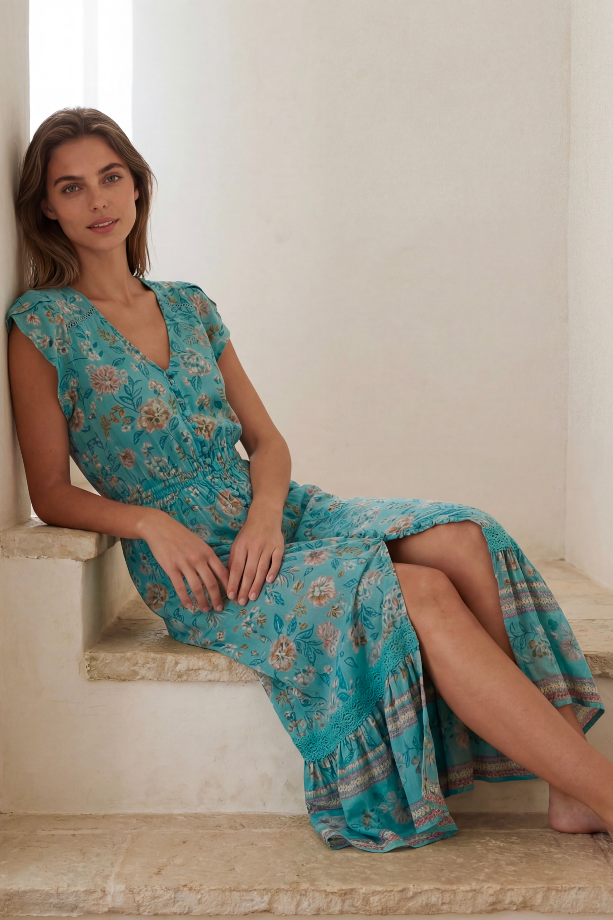 Lizette Floral Blue Button-Front Maxi Dress