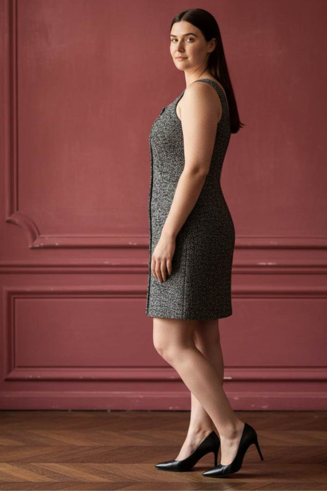 Madelaine Robe Tweed Gris À Boutons Frontaux