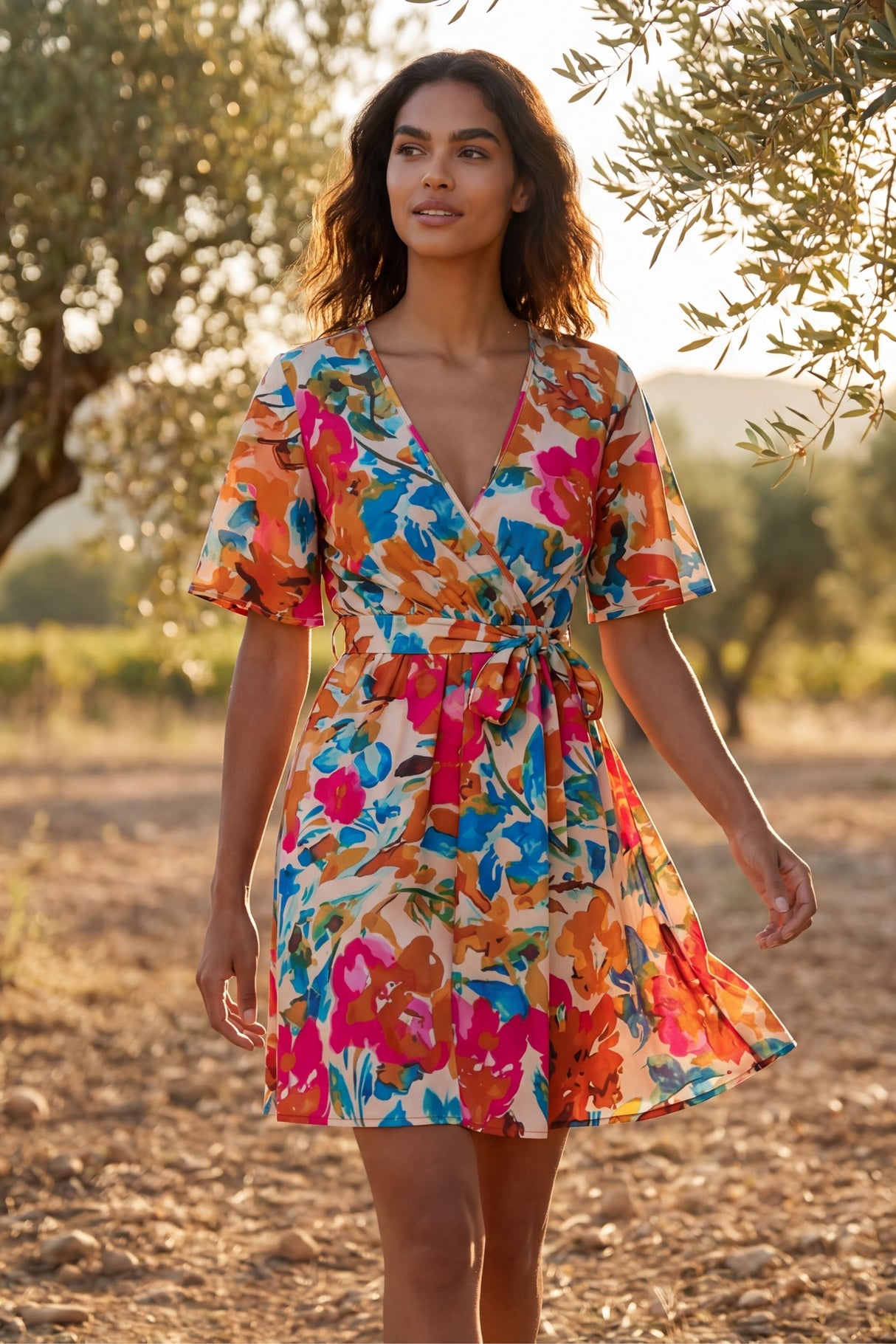 Maeve Robe Mini Croisée Imprimé Floral Manches Courtes