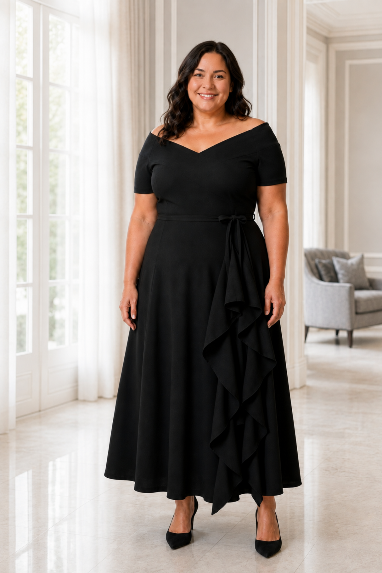 Malia Black Stretch Ruffle Maxi Dress