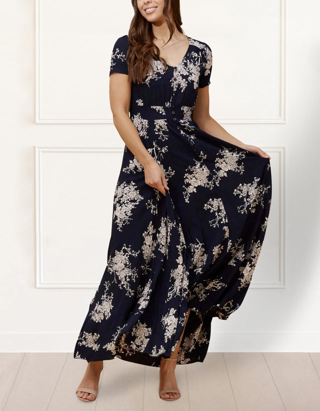 Ambre Maxi Dress Fit & Flare Floral Print Navy - healthydessertscatering
