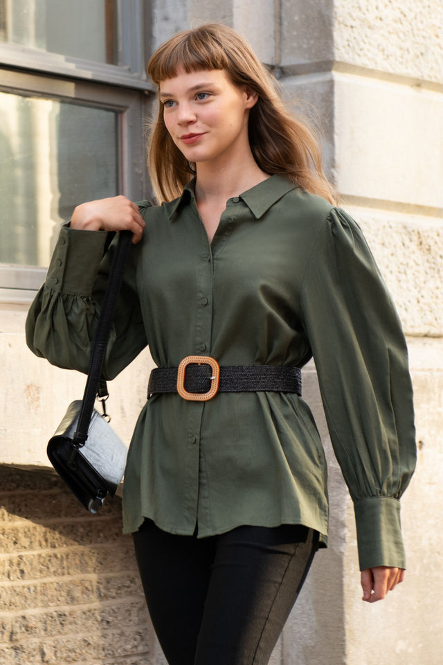 Maxine Quality Linen Blend Shirt Long Lantern Sleeves - Onze Montreal Black / XS Annick