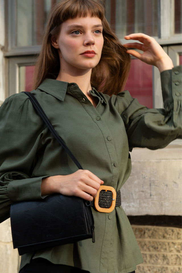 Maxine Quality Linen Blend Shirt Long Lantern Sleeves - Onze Montreal Black / XS Annick