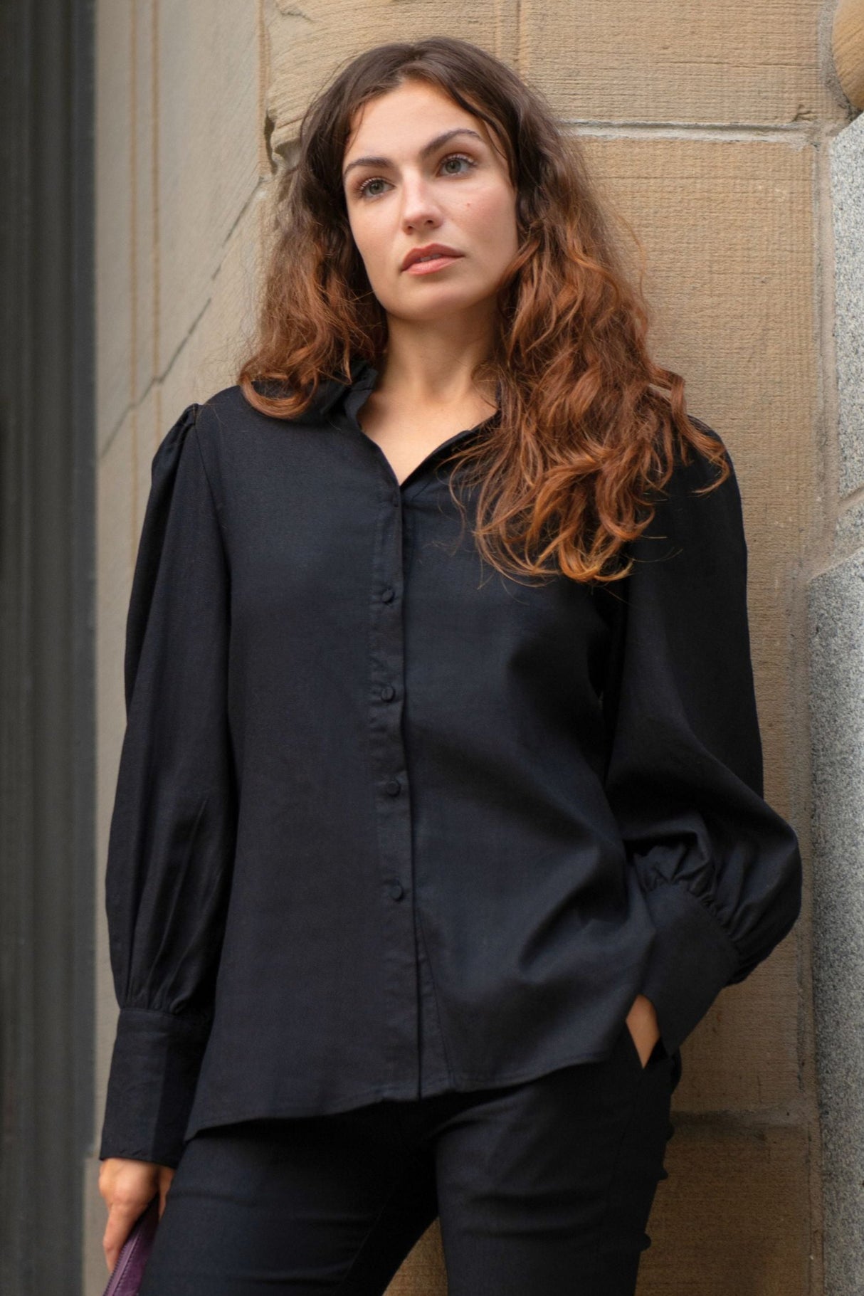 Maxine Quality Linen Blend Shirt Long Lantern Sleeves - Onze Montreal Black / XS Annick