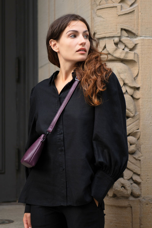 Maxine Quality Linen Blend Shirt Long Lantern Sleeves - Onze Montreal Black / XS Annick