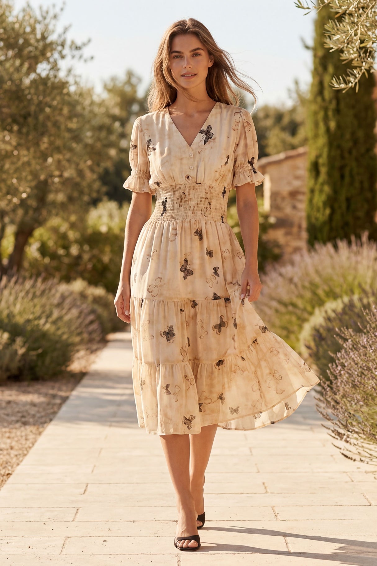 Miranda Robe Midi Étagée Imprimé Papillon Taille Smockée