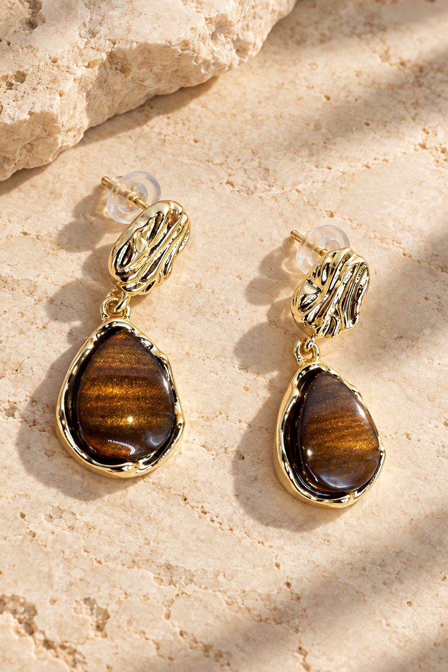 Brown & Gold Teardrop Drop Earrings