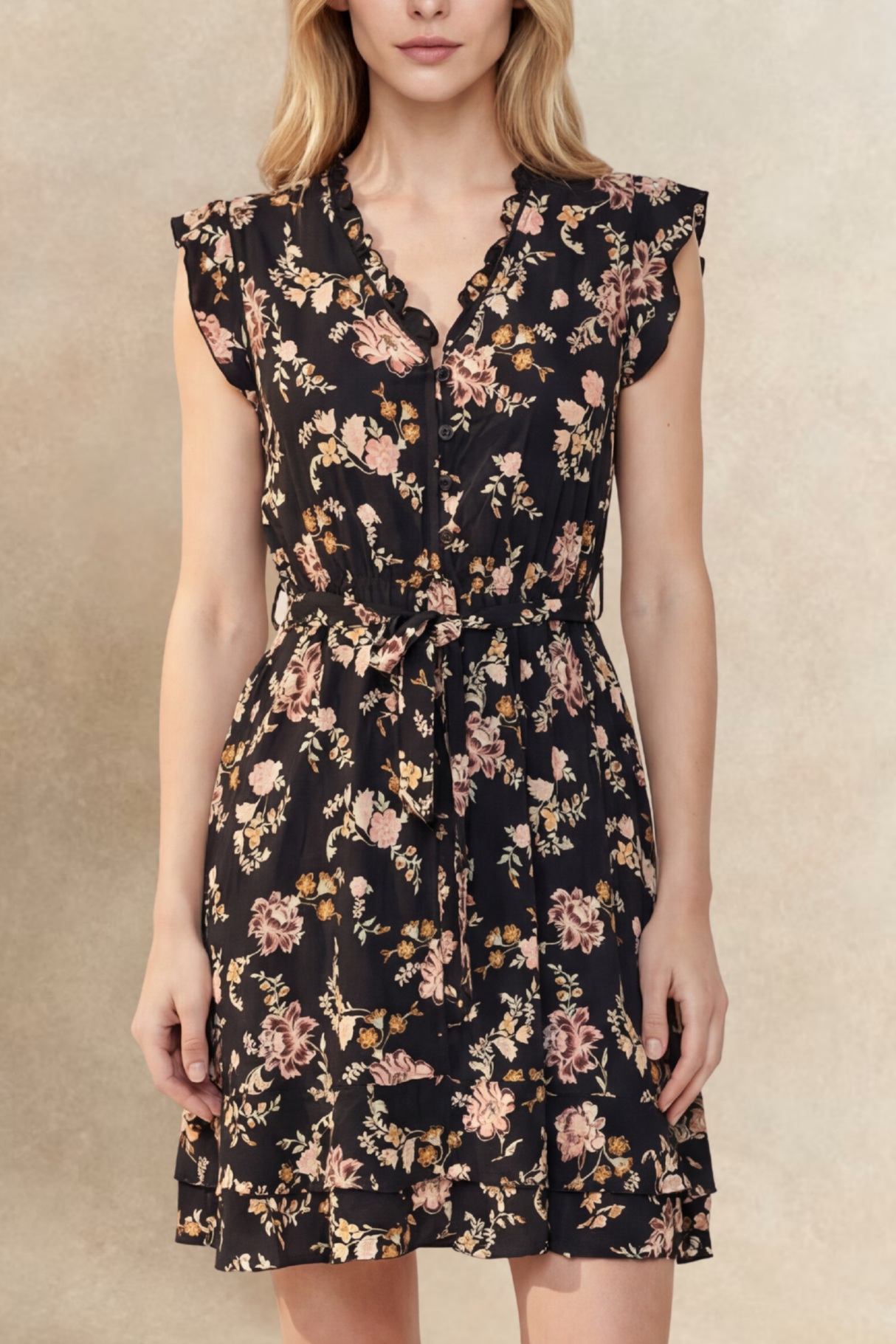 Natasha Robe Courte Floral Poches Ceinture Volants