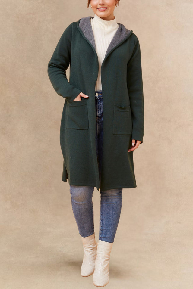 Nora Cardigan Long Ouvert à Capuche Léger Bicolore Décontracté Tendance