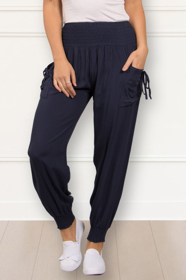 Nadine Pantalon Sarouel Taille Nid D'Abeille avec Poches Uni