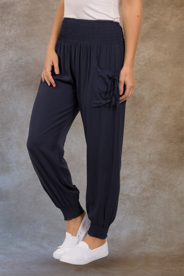Nadine Harem Pants Solid Smocked Waist Pockets Side Ties
