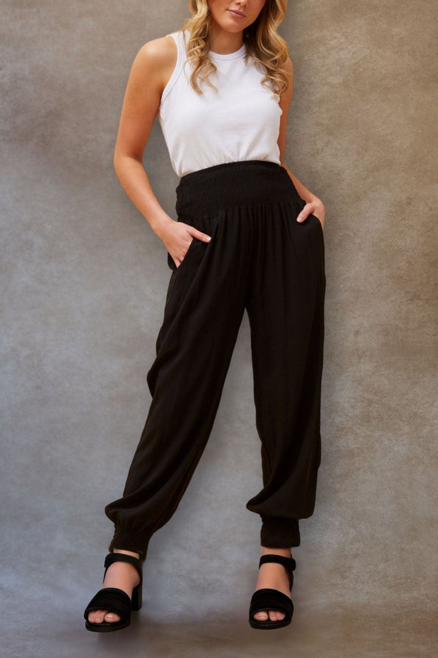 Nadine Pantalon Sarouel Taille Nid D'Abeille avec Poches Uni