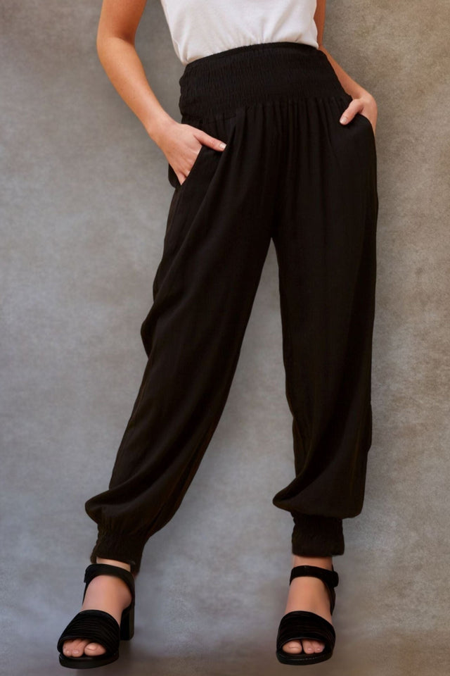 Nadine Harem Pants Solid Smocked Waist Pockets Side Ties