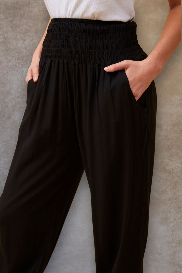Nadine Harem Pants Solid Smocked Waist Pockets Side Ties