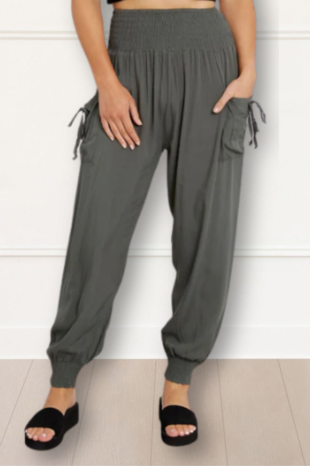 Nadine Pantalon Sarouel Taille Nid D'Abeille avec Poches Uni