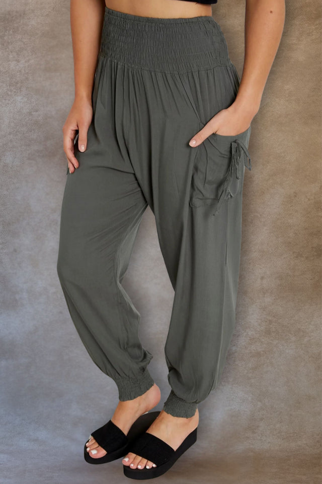 Nadine Pantalon Sarouel Taille Nid D'Abeille avec Poches Uni