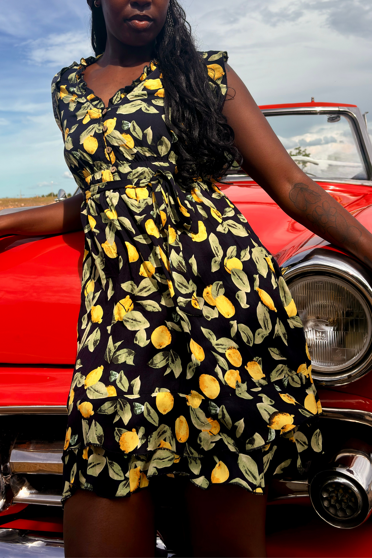 Natasha Robe Courte Imprimé Citrons Poches & Ourlet Froncé