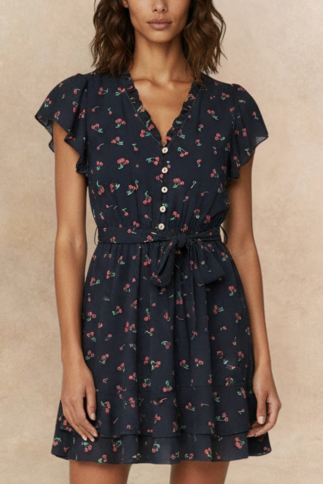 Natasha Robe Courte Imprimée Cerises Ceinture Poches & Détails Plissés