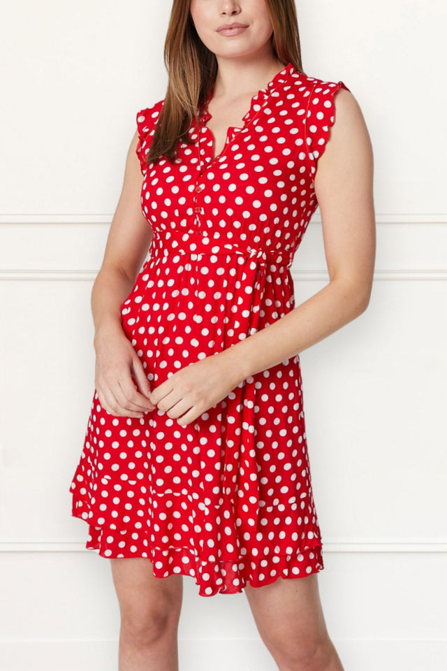 Natasha Polka Dot Short Dress with Belt, Pockets, and Ruffle Trim