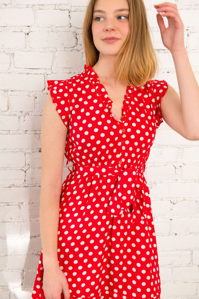 Natasha Polka Dot Short Dress with Belt, Pockets, and Ruffle Trim