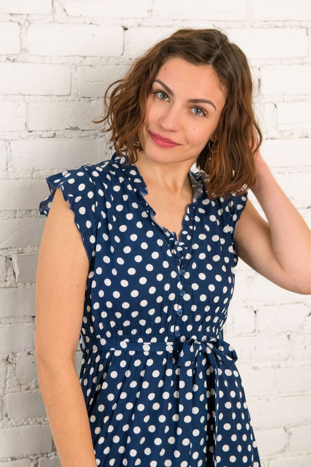 Natasha Polka Dot Short Dress with Belt, Pockets, and Ruffle Trim