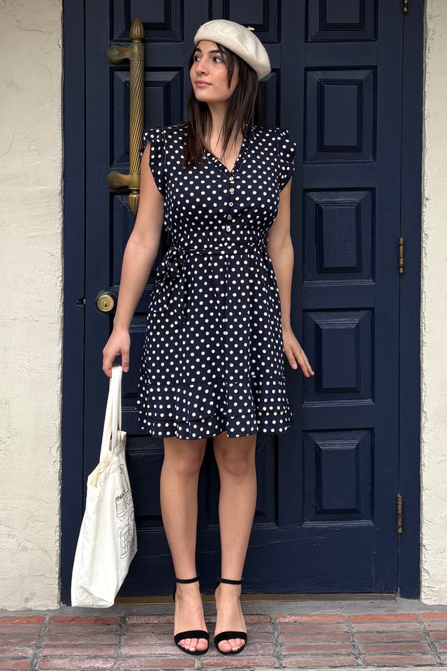 Natasha Polka Dot Short Dress with Belt, Pockets, and Ruffle Trim