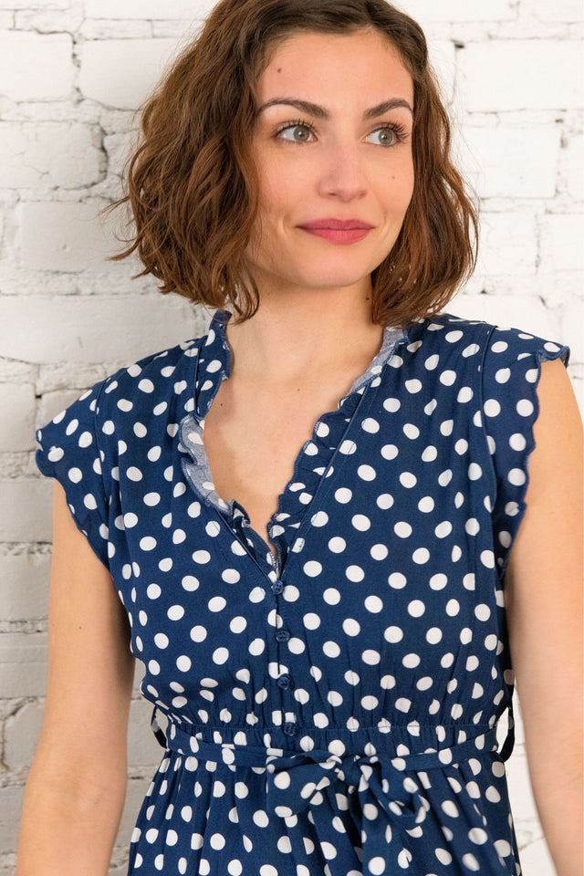 Natasha Polka Dot Short Dress with Belt, Pockets, and Ruffle Trim