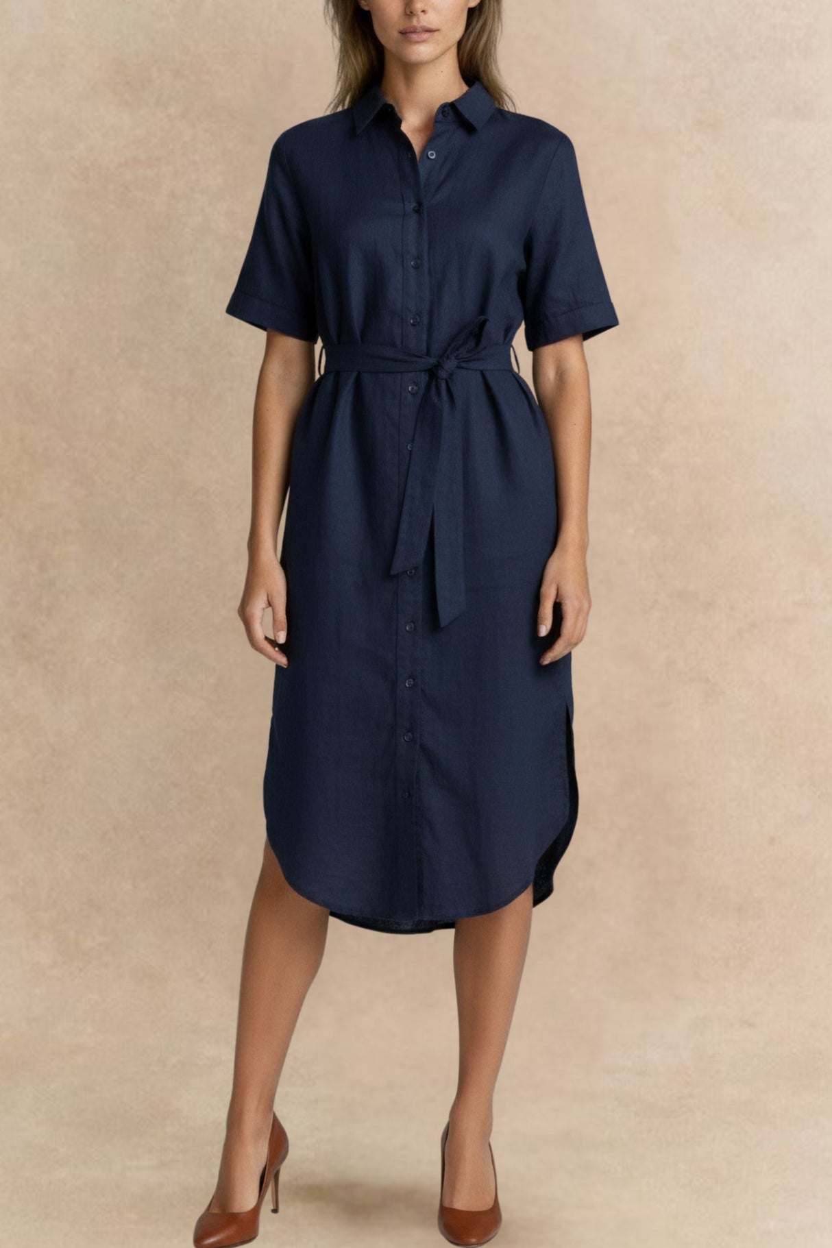 Anna Navy Shirt Midi Dress with Tie Waist