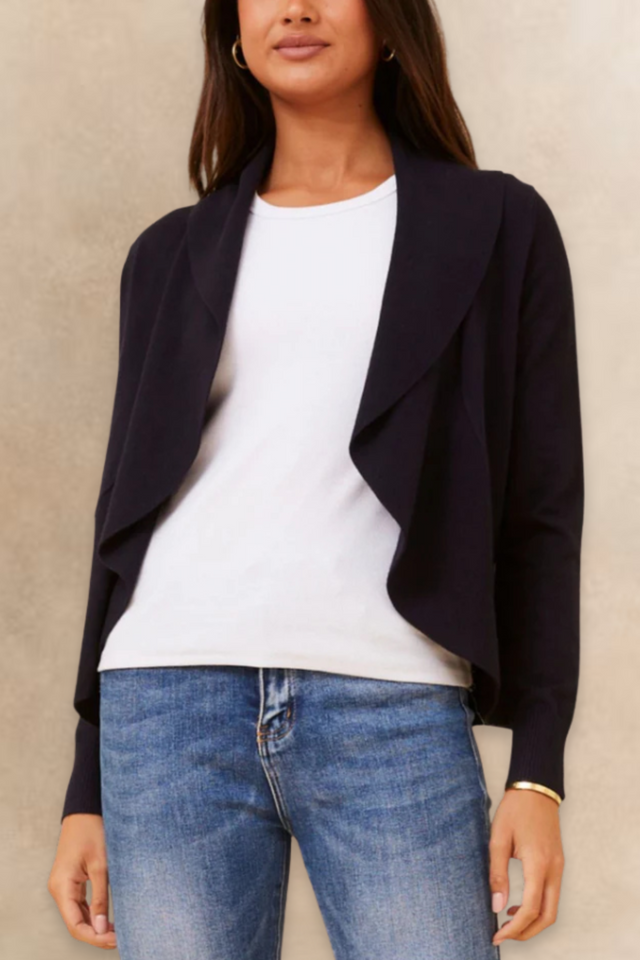 Alessia Cardigan Noir Femme Léger Ouvert Coupe Drapée Style Cascade