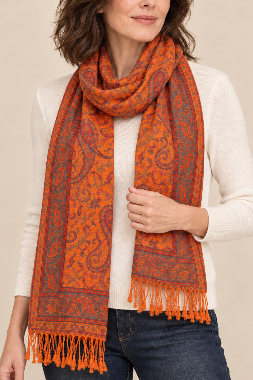 Pashmina Scarf Jacquard Paisley Orange