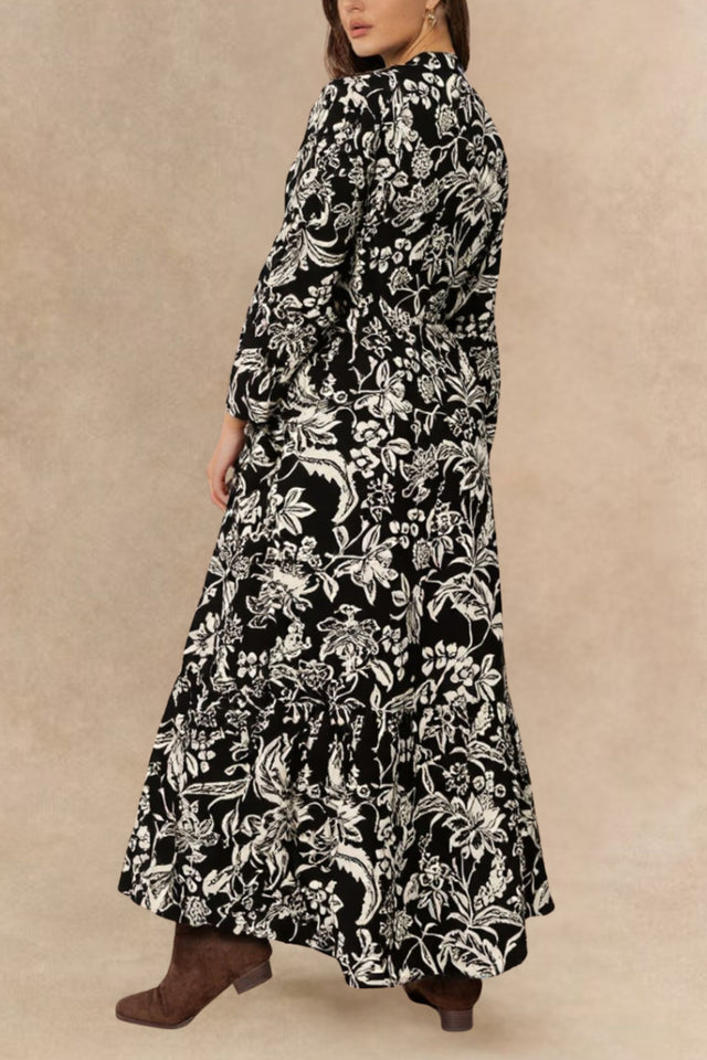 Corinne Robe Midi Grande Taille à Imprimé Botanique Manches Longues