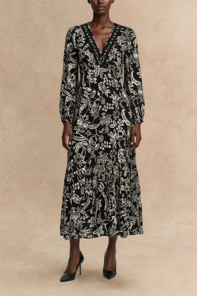 Corinne Robe Midi Grande Taille à Imprimé Botanique Manches Longues