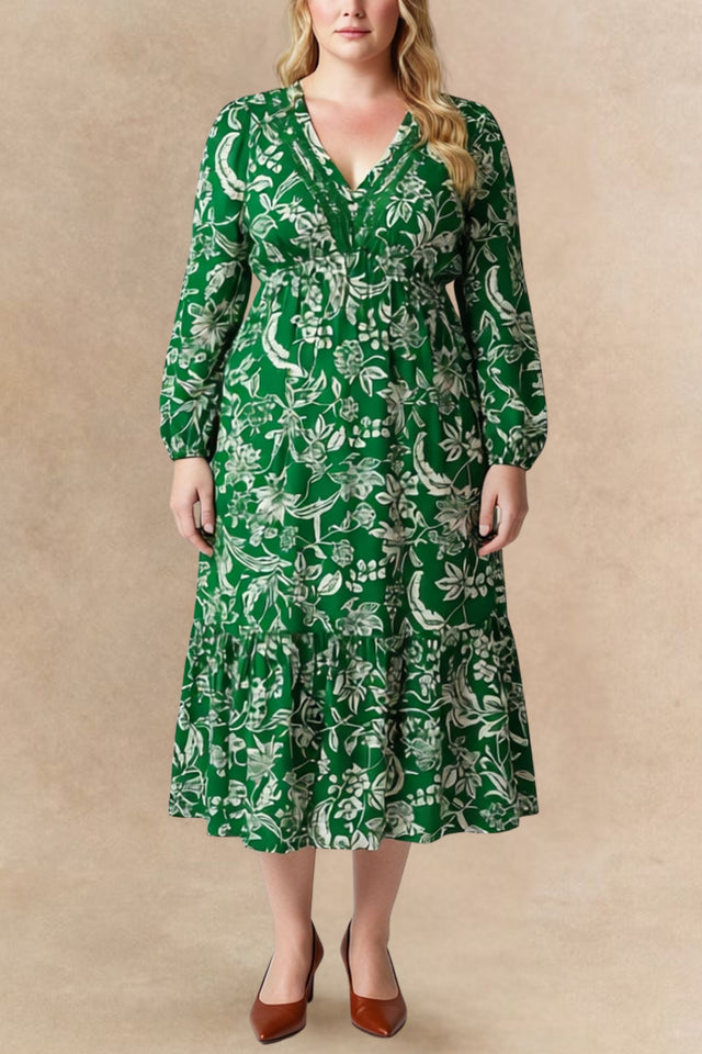 Corinne Robe Midi Grande Taille à Imprimé Botanique Manches Longues