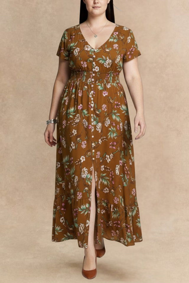 Liliane Robe Longue Fleurie Boutonnée Col V