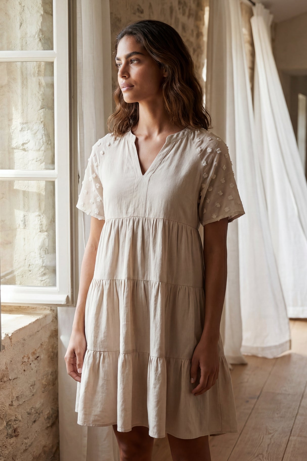 Poppy Casual Tiered Mini Dress Swiss Dot