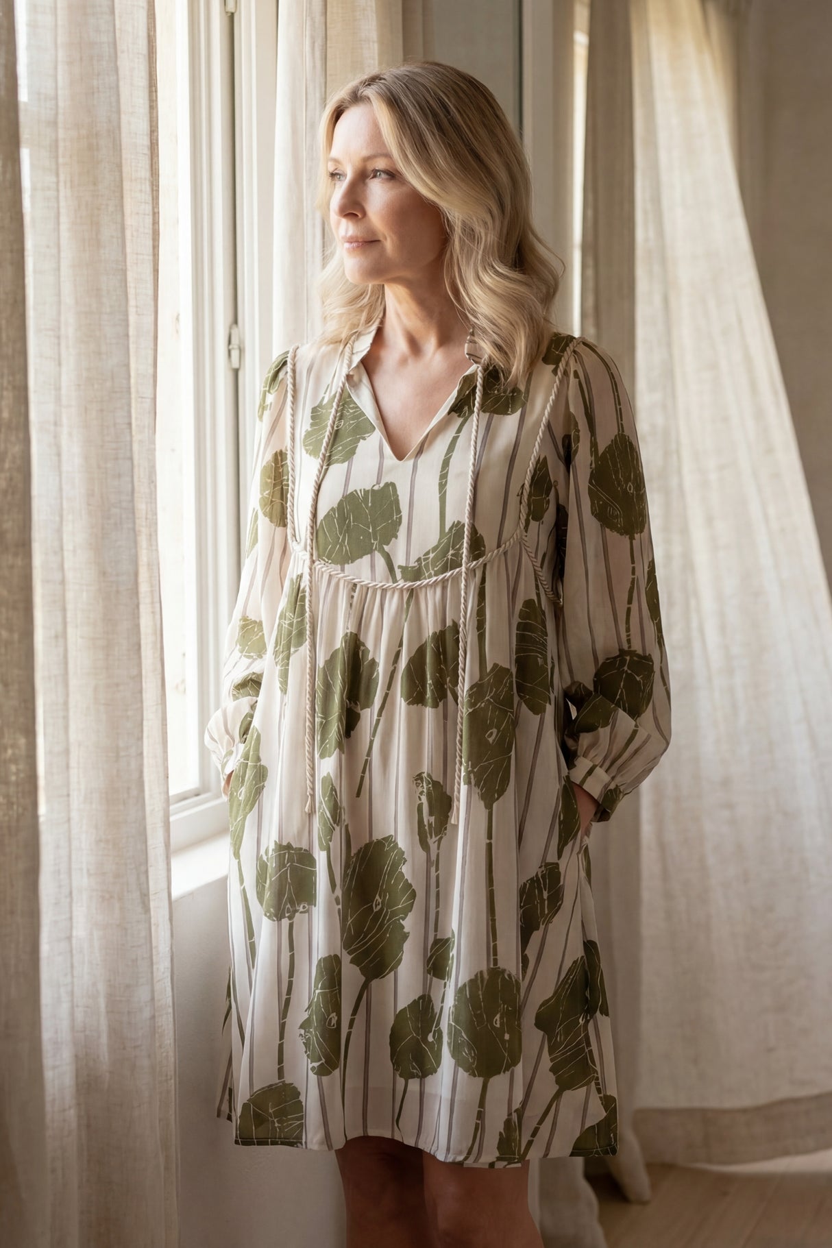 Raven Printed Tie Neck Balloon Sleeve Dress