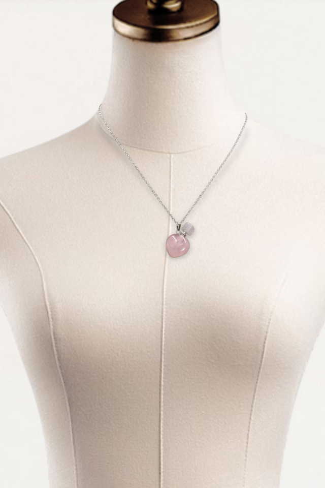 Rose Quartz Perfume Bottle Necklace – Heart Pendant with Applicator