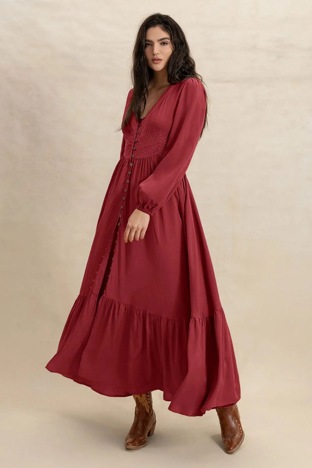Rose V-Neck Balloon Sleeve Ruffled Hem Maxi Dress