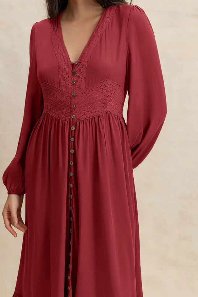 Rose V-Neck Balloon Sleeve Ruffled Hem Maxi Dress