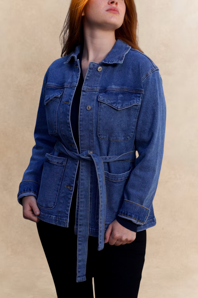 Sabrina Women's Belted Jean Jacquard Jacket With Pockets