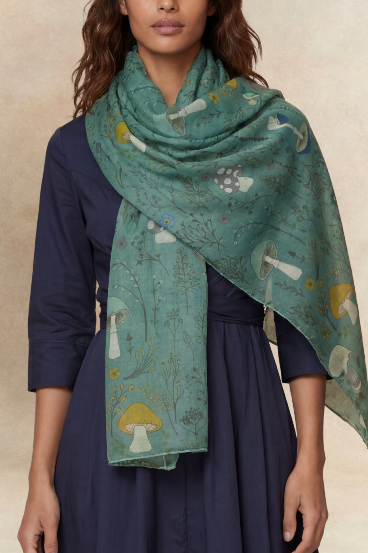 Scarf Mushrooms Print Lightweight Green