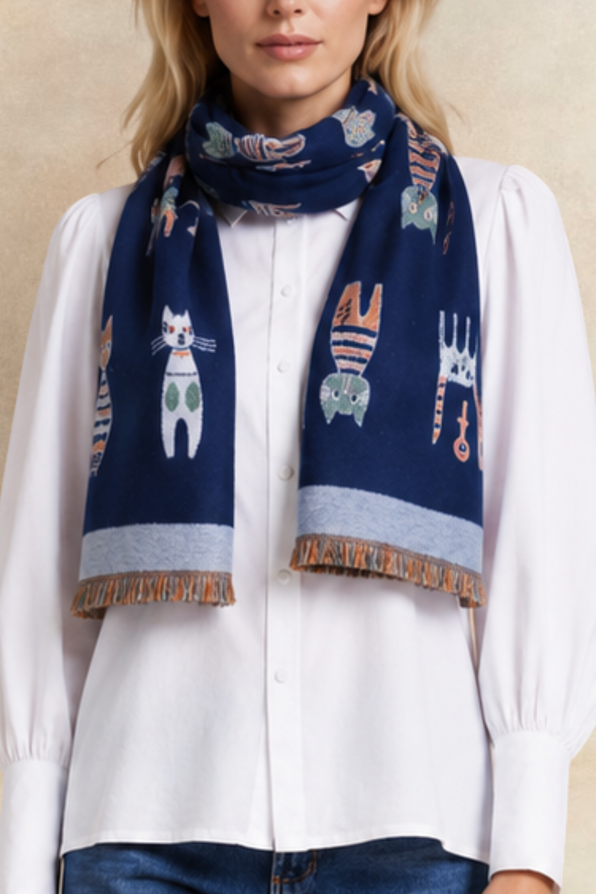 Foulard Motif Chat Brodure Uni