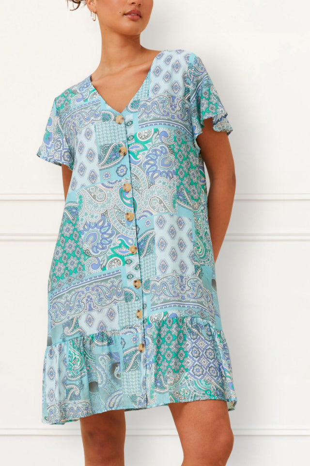 Sabine Dress A-Line Patchwork Buttons Blue - Onze Montreal Blue / XS Annick